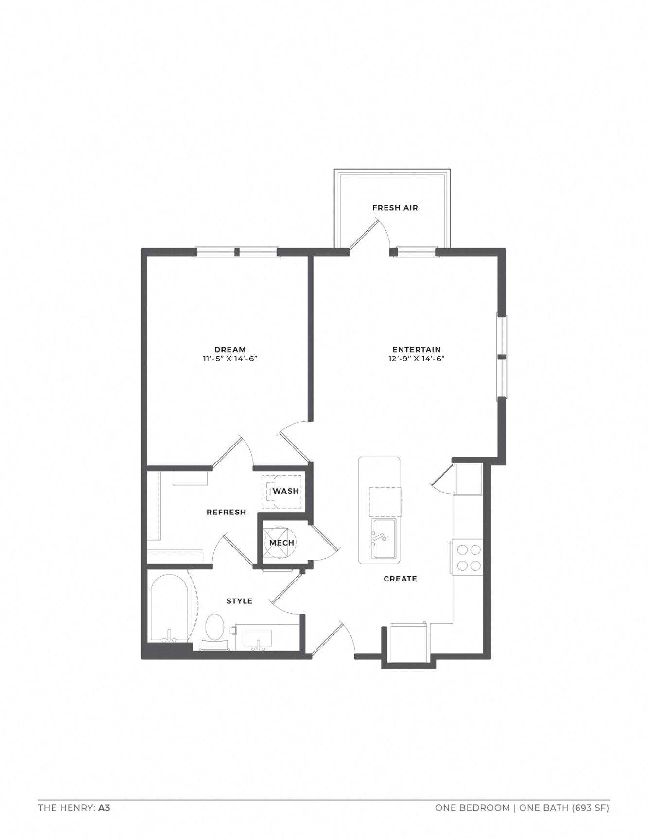 Floor plan for 1 bed, 1 bath, 693 sqft